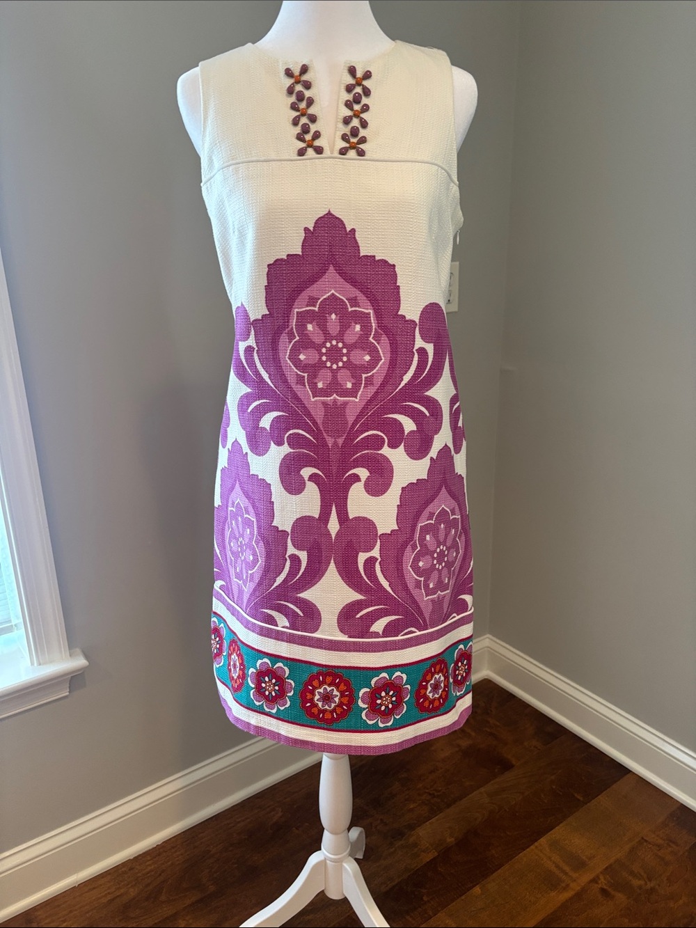 Laundry By Shelli Segal Cream & Magenta Printed Mini Skirt with Teal Border